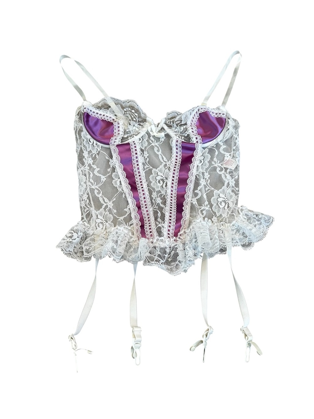 Vintage White Lace Purple Satin Lingerie Corset Top Frills Ruffles 80s Feminine